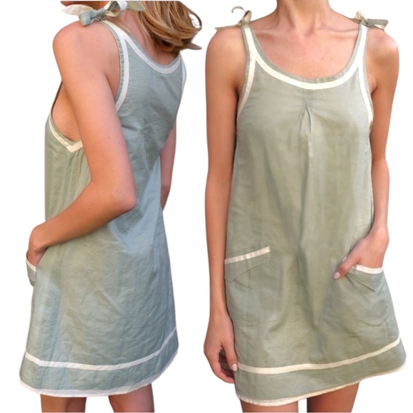 Y2K Rag & Bone Green Cream Linen Sleeveless Babydoll Mini Dress / Tunic • 2 / XS - Picture 2 of 15